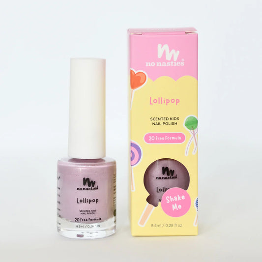 Nail polish with packaging and lollipop decorations on a light yellow background