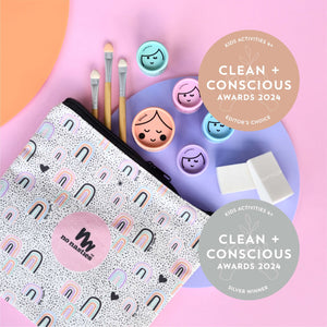 Award winning Kids pressed eyeshadow set on pink background