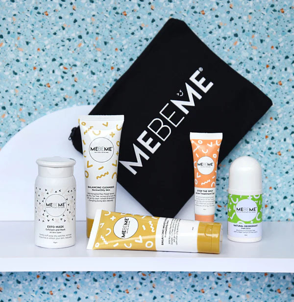 MEBEME skincare products on a blue textured background
