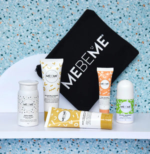 MEBEME skincare products on a blue textured background