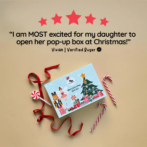 Christmas-themed pop-up box with candy canes and ribbon on a beige background, featuring a five-star rating and a customer review.