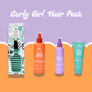 Curly Girl Hair Pack with hair care products on a purple and orange background