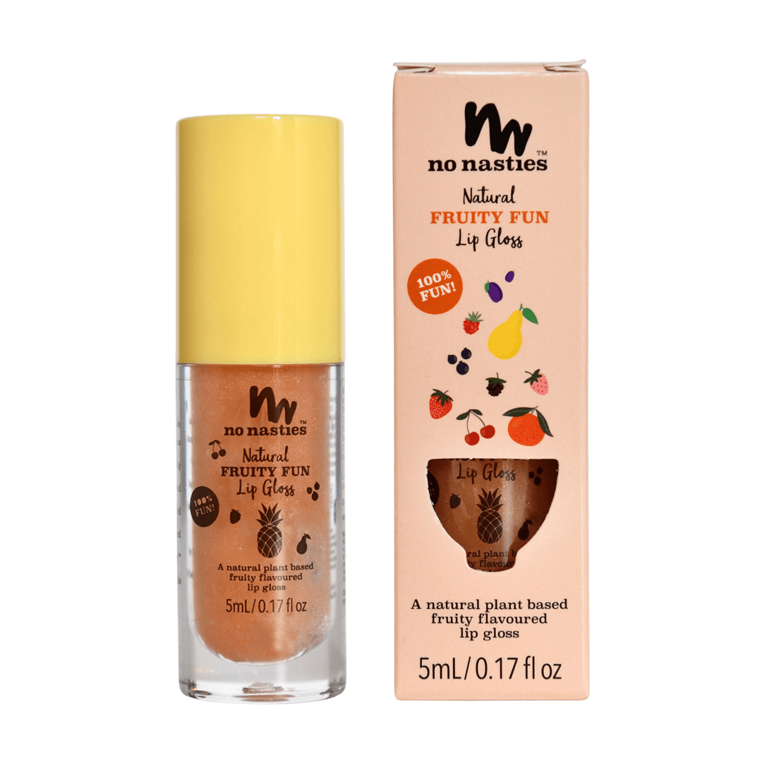 fruity fun natural lip gloss peach coloured with yellow lid on peach background