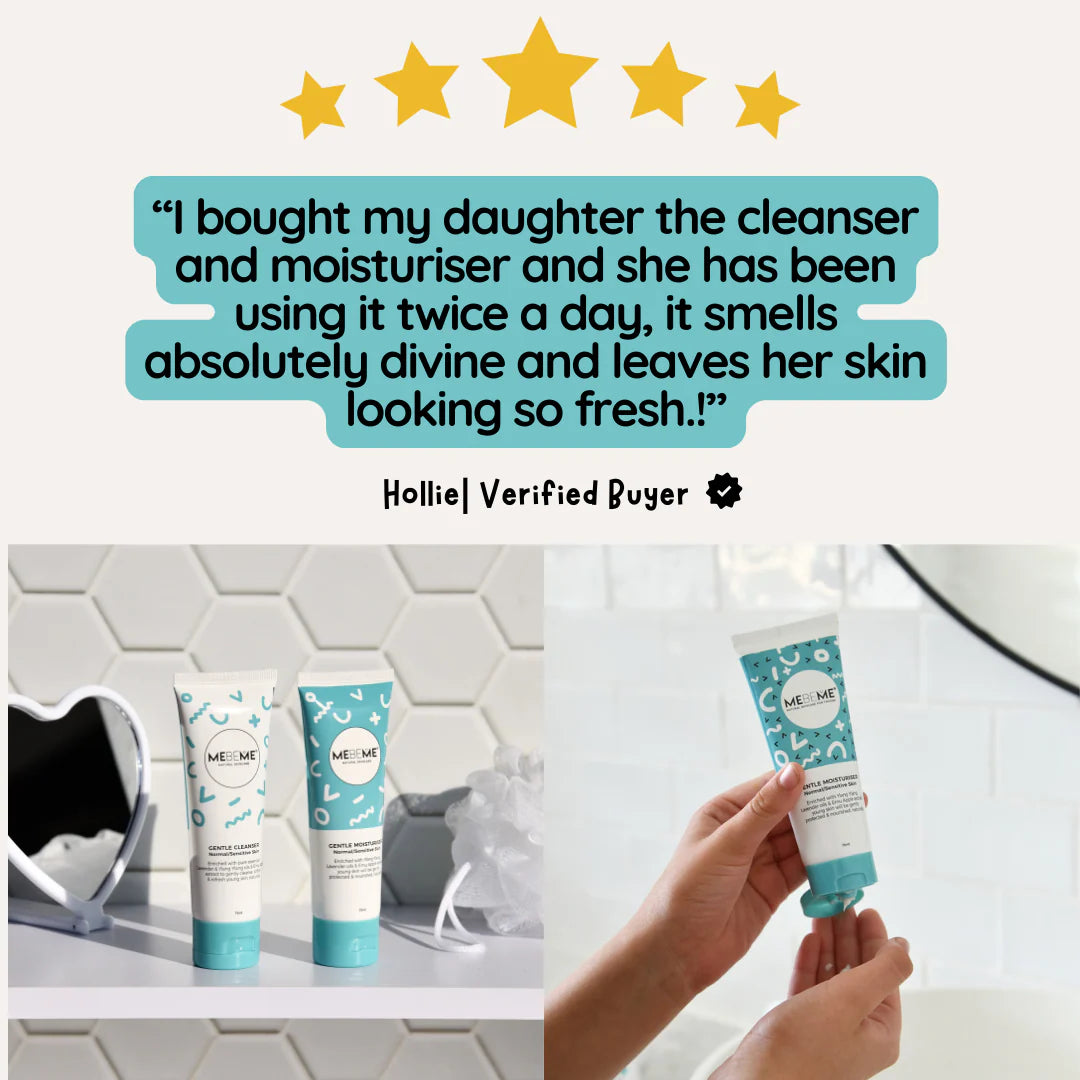 Teen skincare products with a five-star review from a verified buyer on a bathroom background.
