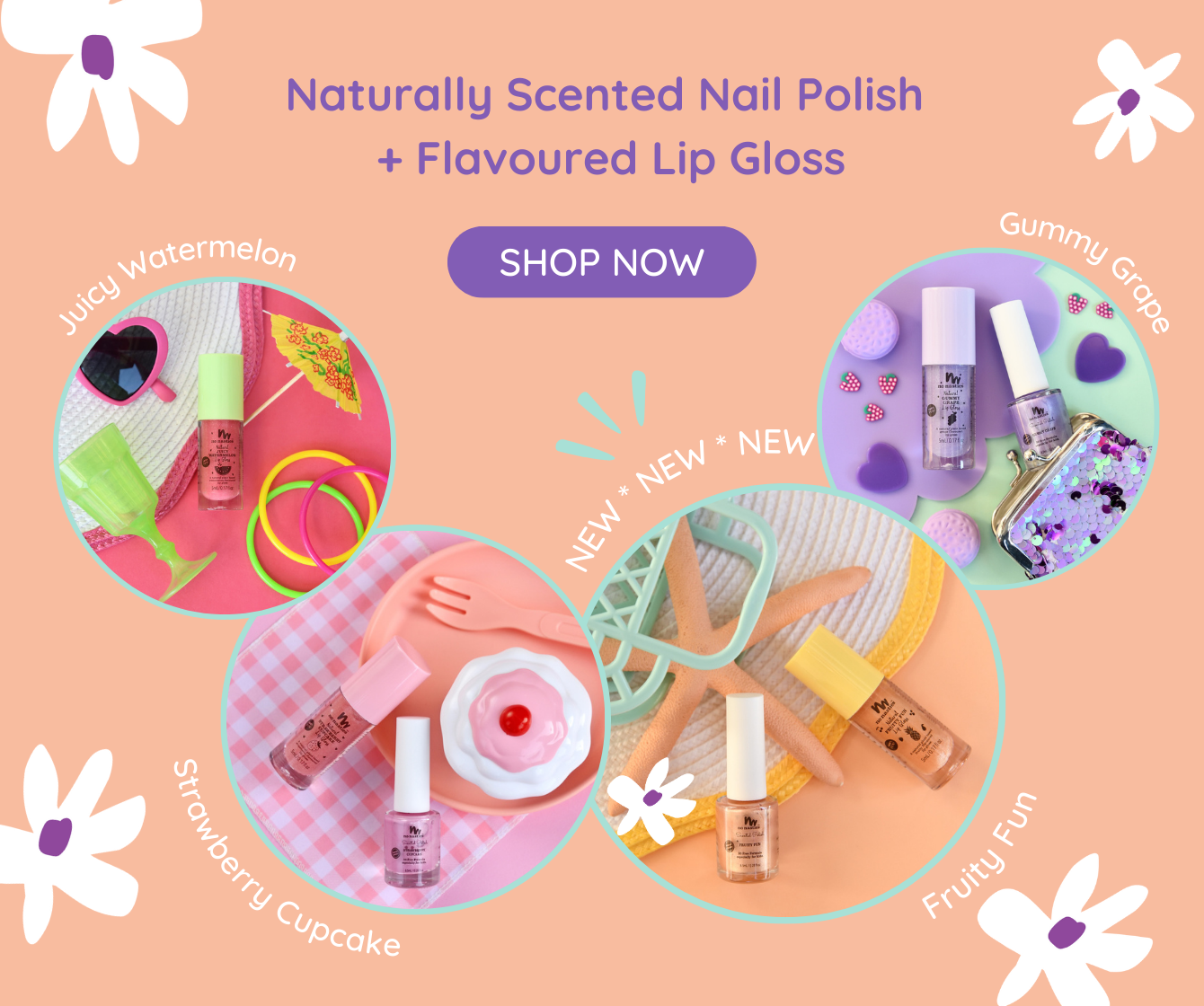 Range of natural fruity lip gloss and scented nail polish for kids on peach coloured back ground with purple and white flowers