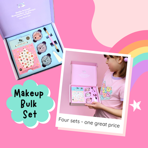 Makeup bulk set with makeup items and a child holding a box on a pink background