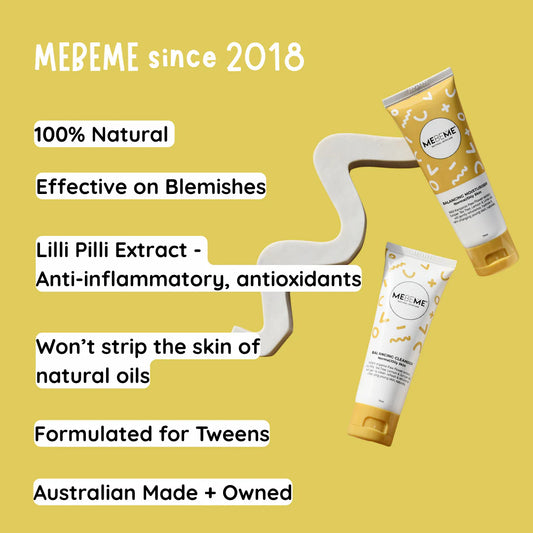 Two ME&M skincare products on a beige background with abstract shapes.