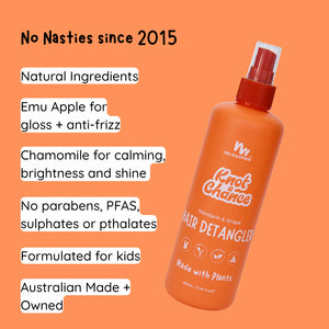 No Nasties Kids Natrual Detangler Spray on an orange background with words explaining the ingredients
