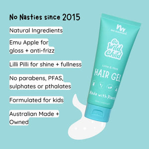 No Nasties hair gel tube with product details on a light blue background