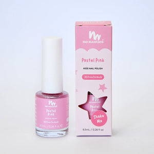 Pink kids nail polish with its box on a white background