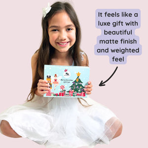Young girl holding a Christmas-themed kids makeup set with text describing its luxurious feel.