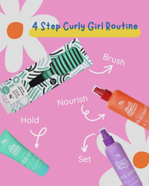 Curly Girl 4 step routine on pink background with daisy flower