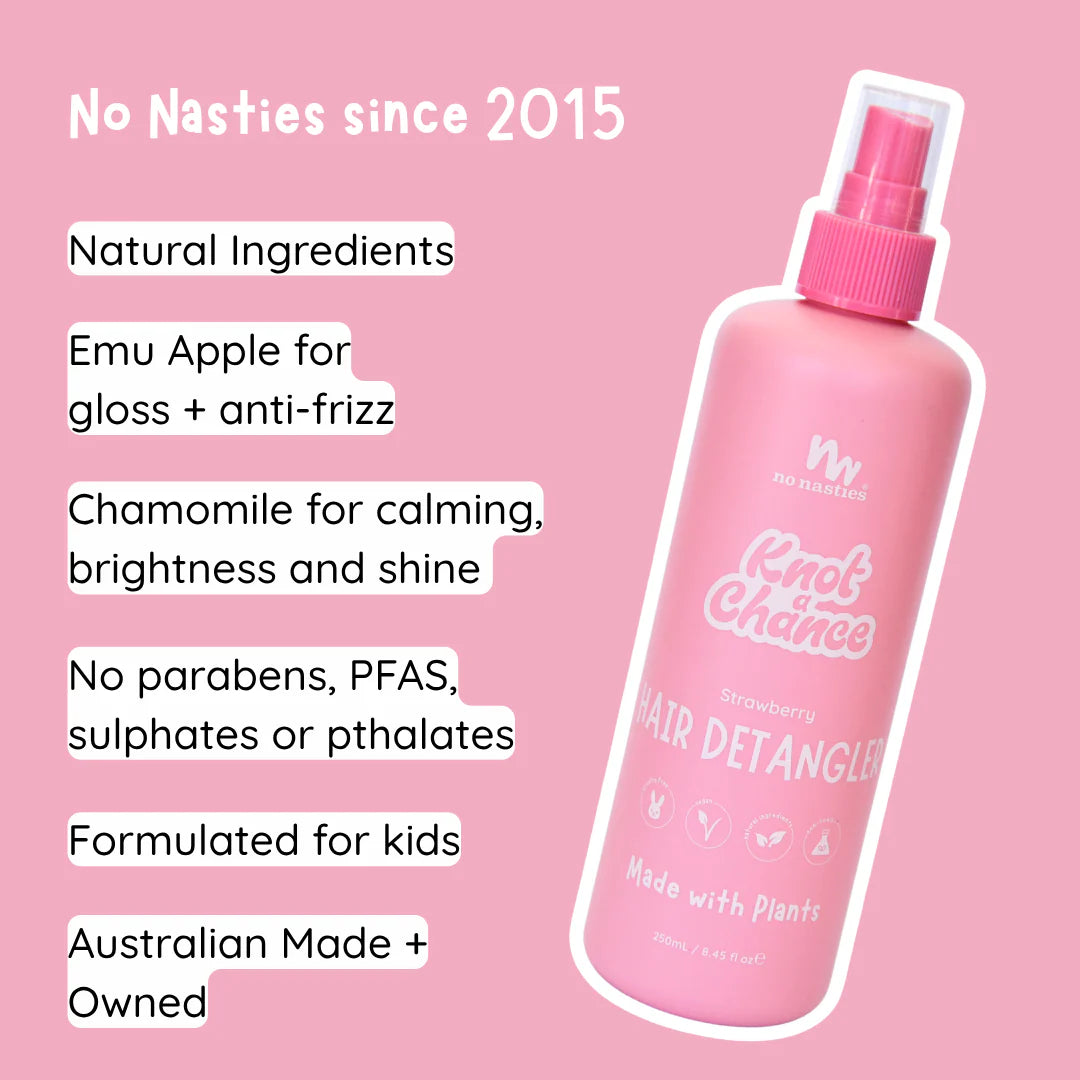 Pink hair detangler bottle with text on a pink background