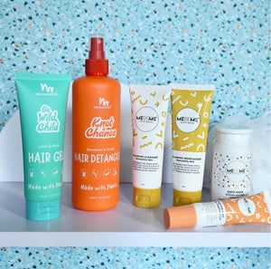 Collection of MEBEME Skincare and No Nasties Kids NZ hair care products on a shelf with a blue speckled background
