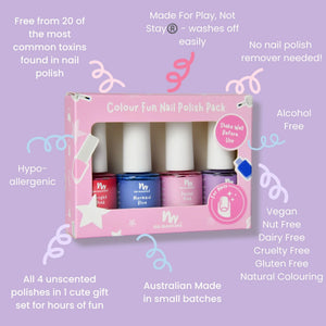4 Pack Water-Based Kids Nail Polish | Blue, Purple, Pastel Pink and Bright Pink