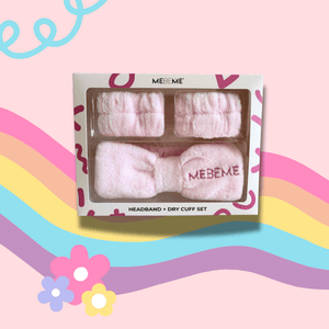 MEBEME headband and dry cuff set packaging on a colorful background with rainbow and floral elements.