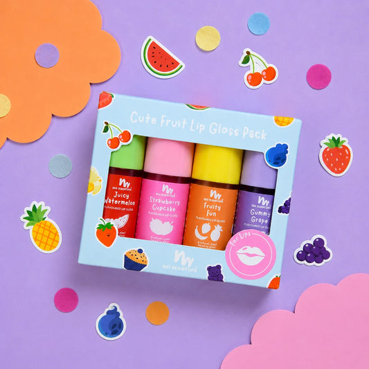 A boxed lip gloss pack surrounded by colorful fruit stickers on a lavender background. The package reads 'Cute Fruit Lip Gloss Pack' and contains four gloss bottles with fruit themed labels: juicy watermelon, strawberries cupcakes, fruity fun, and cucumber grape.