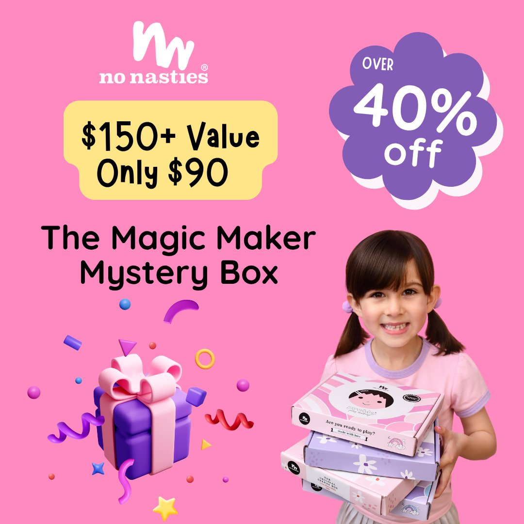 Promotional image of a girl with 'no nasties' product, featuring a mystery box offer on a pink background.