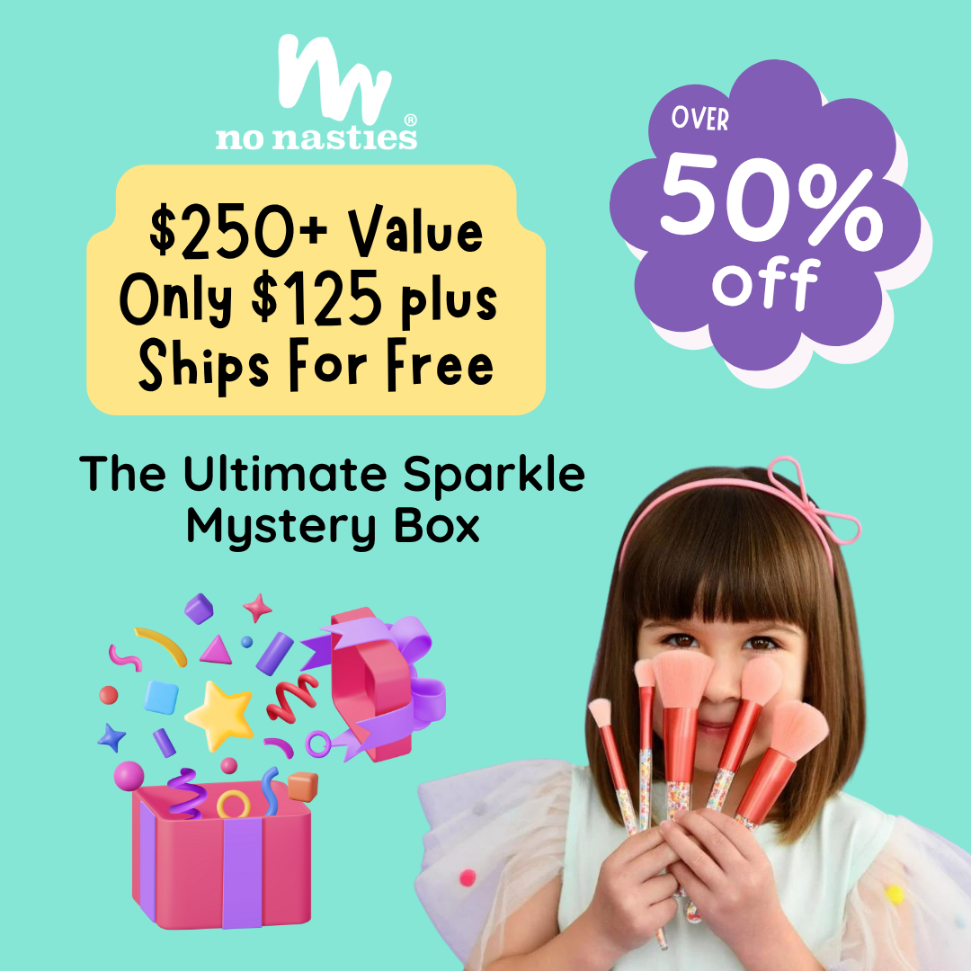 Promotional image for a &#39;no nasties&#39; sparkle mystery box with a child holding makeup brushes on a teal background.