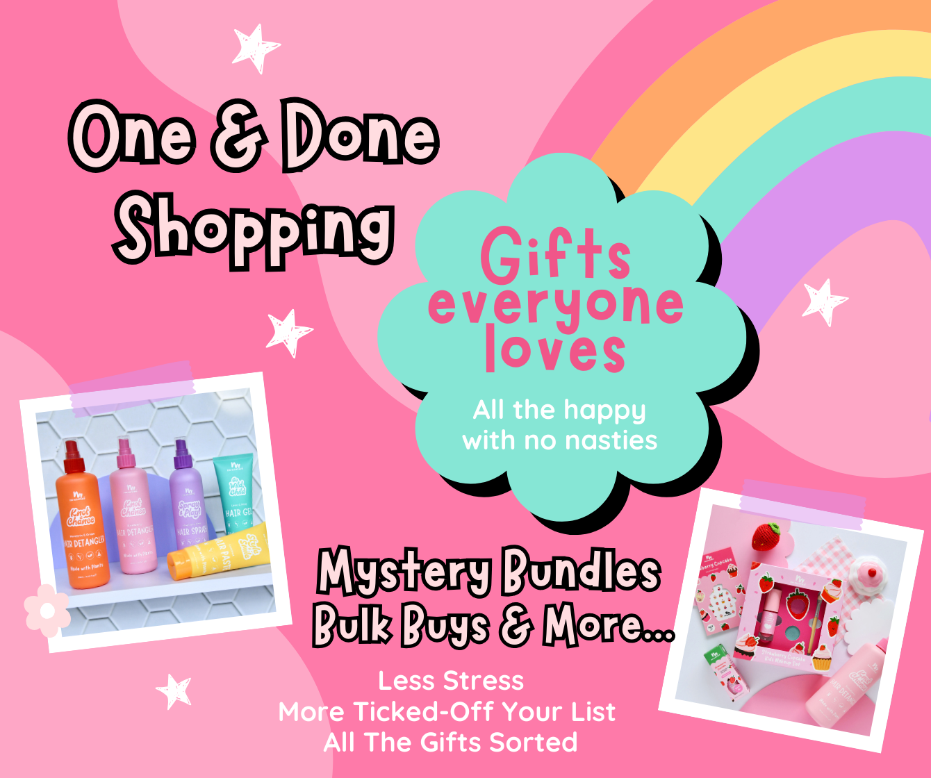 Promotional graphic for a gift store with colorful text and product images on a pink background.