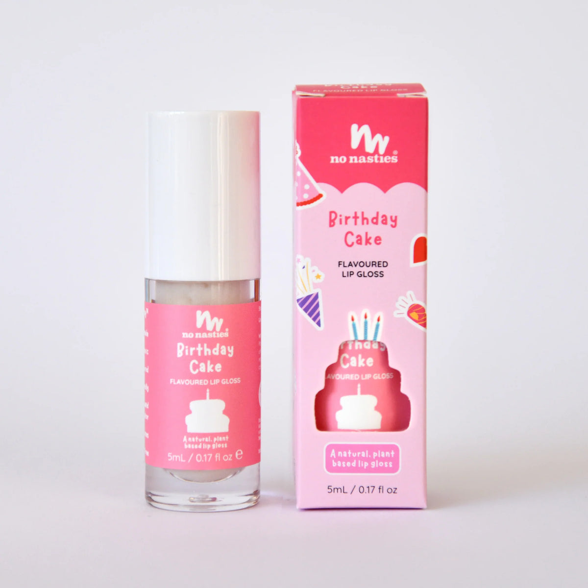 Birthday themed kids lip gloss with pink label and pink packaging on a white back ground