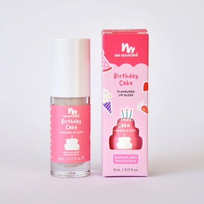 Birthday themed kids lip gloss with pink label and pink packaging on a white back ground