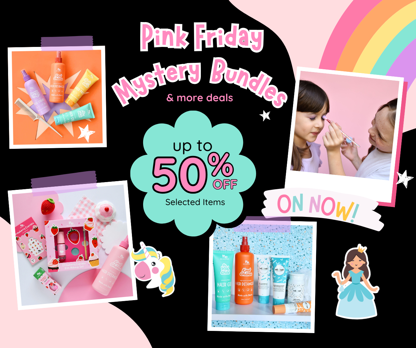 Promotional graphic for  No Nasties Black Friday with product images and discount offer on a colourful background.