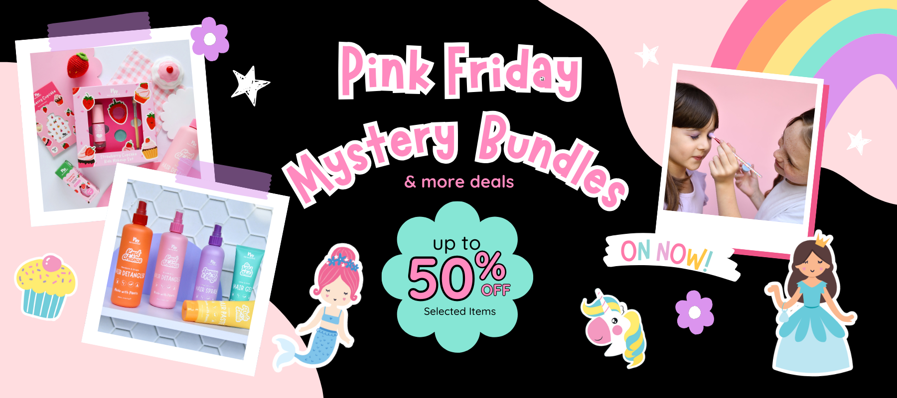 Promotional banner for No Nasties Kids Black Friday with product images and text on a black background