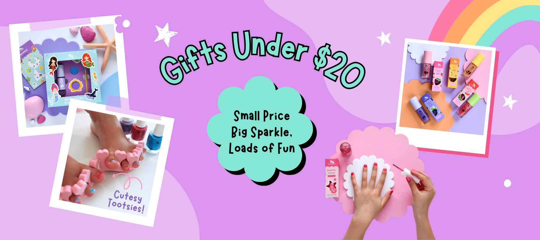 Promotional banner for gifts under $20 with colorful design and product images.