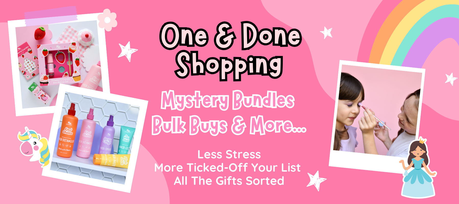 Promotional banner for 'One & Done Shopping' with product images and text on a pink background.