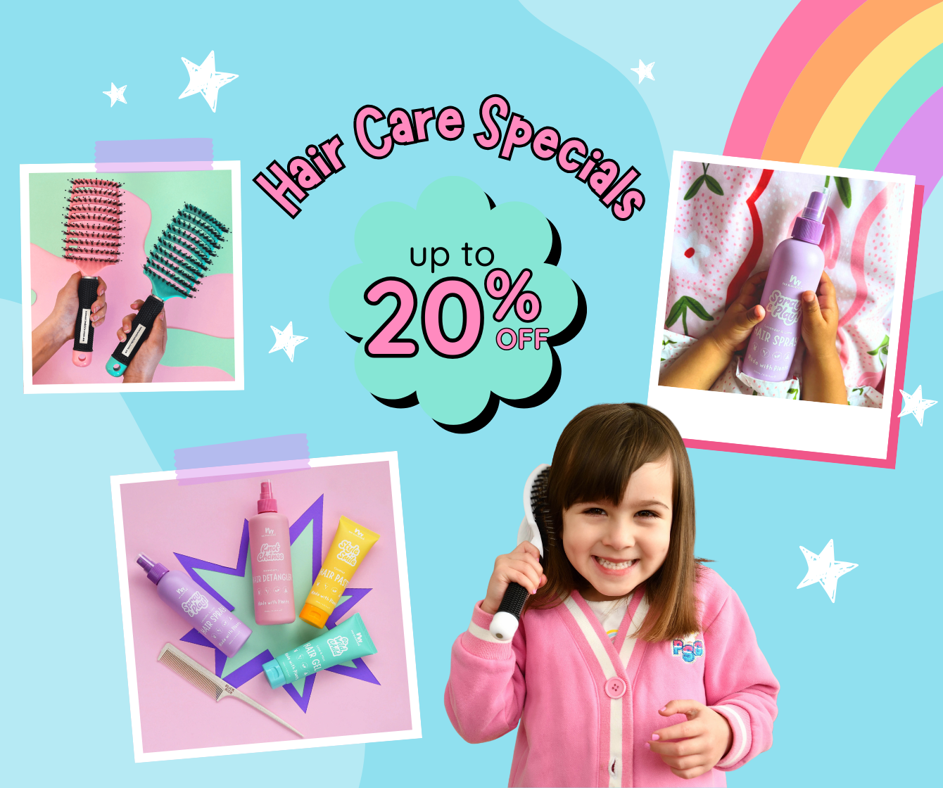 Promotional image for hair care products with a child holding a brush, surrounded by smaller images of hair care items and a rainbow on a blue background.