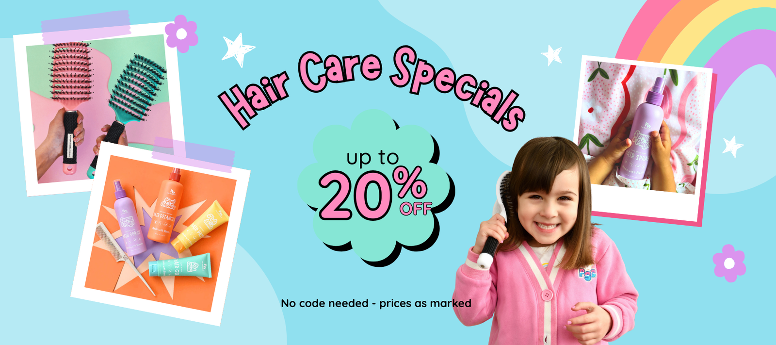 Promotional banner for hair care products with a girl and various hair care items on a colorful background.