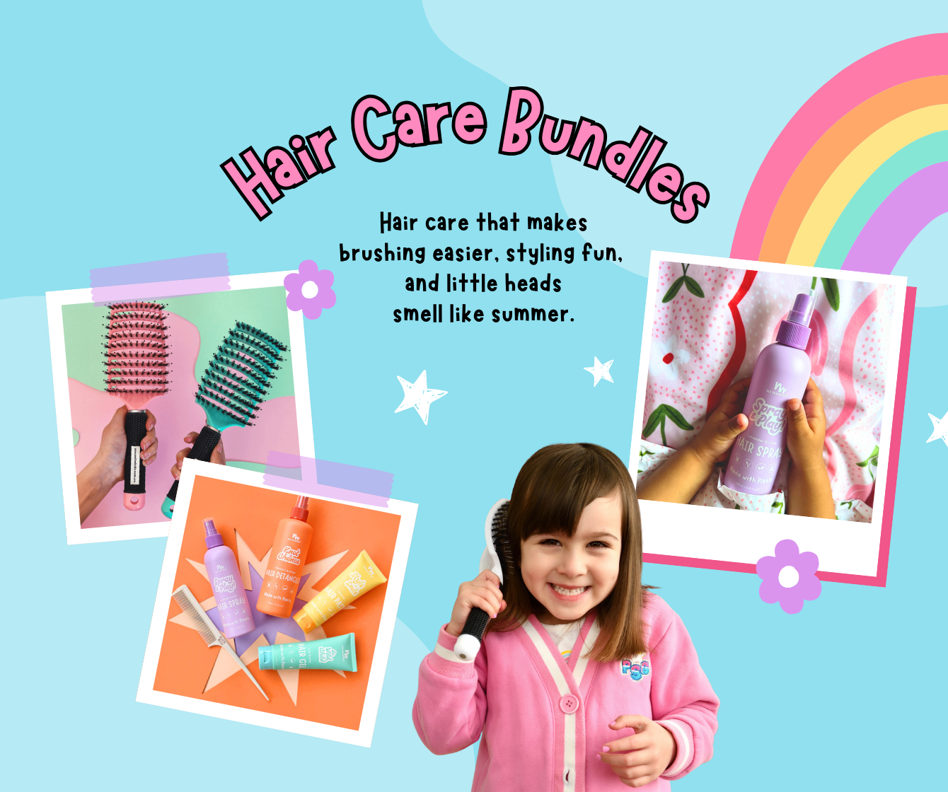 Promotional image for hair care bundles with a child using a brush, surrounded by product images and text on a blue background.