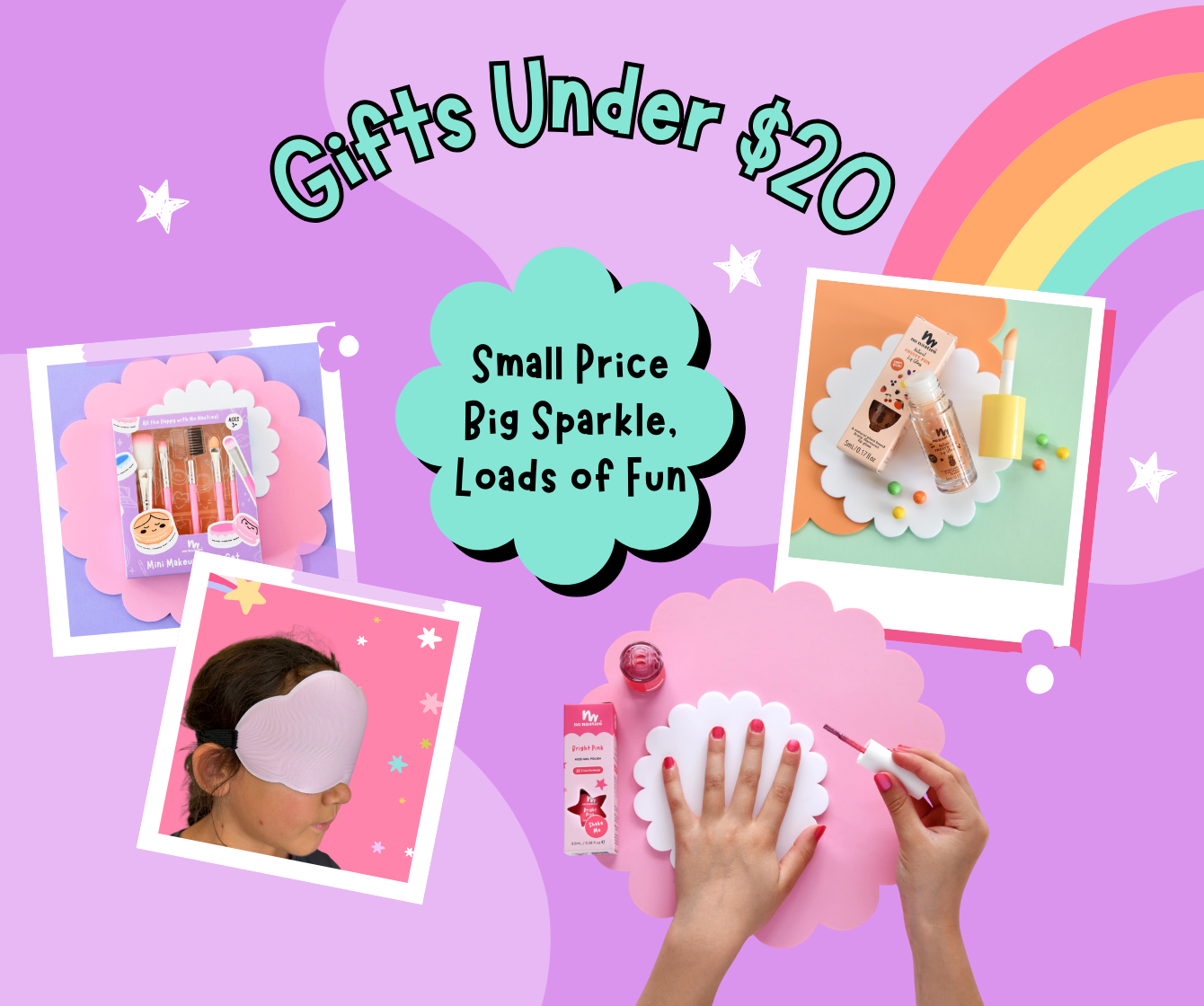 Promotional graphic for gifts under $20 with colorful design elements on a purple background.