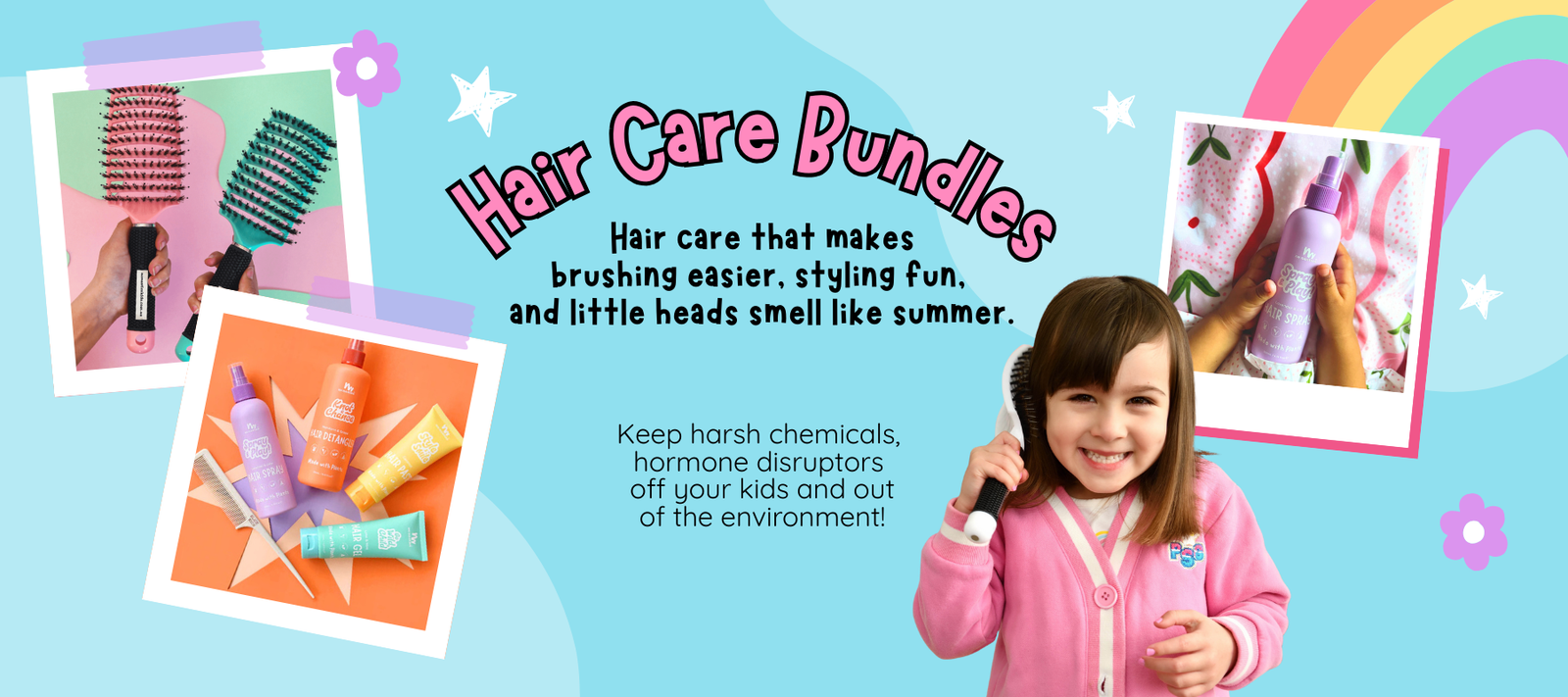 Advertisement for hair care products with a child holding a brush, surrounded by images of hair care items and text about product benefits.