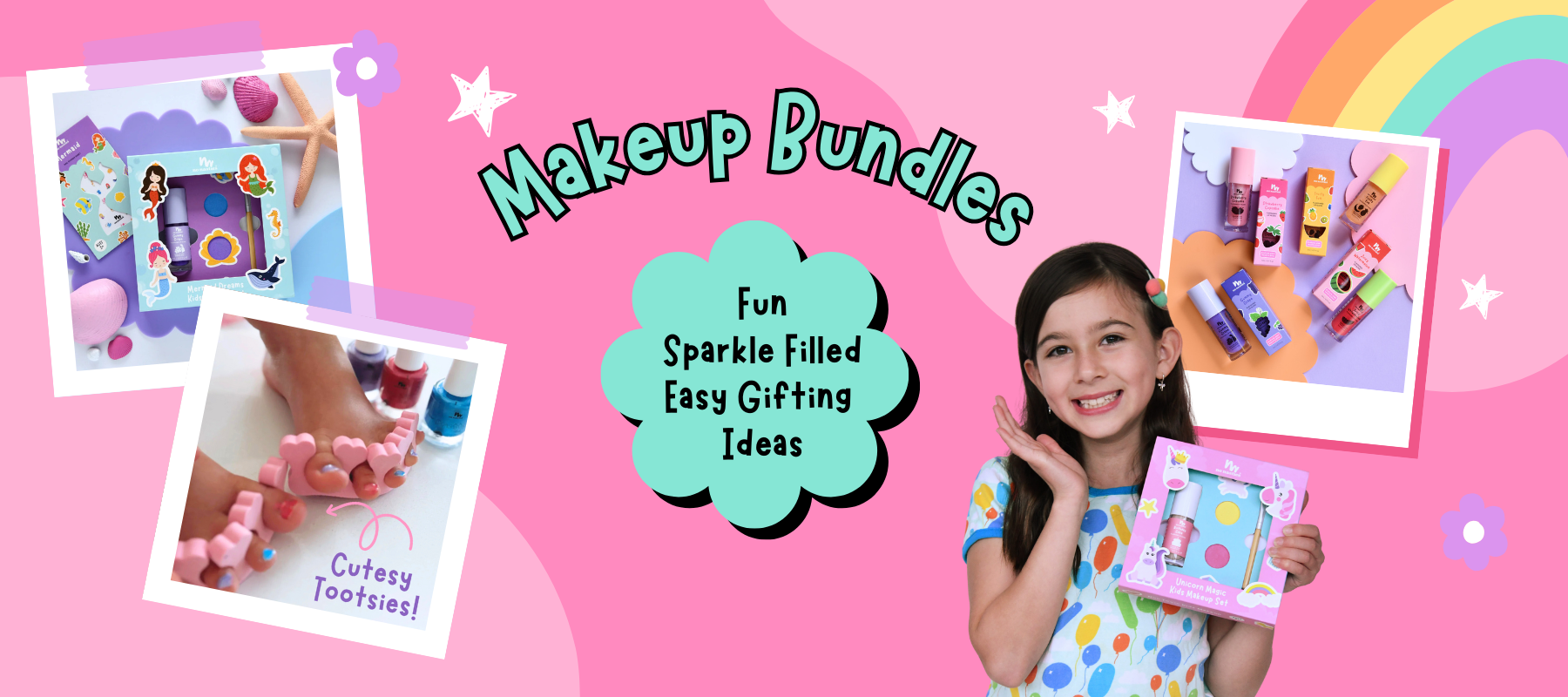 Promotional banner for makeup bundles with a girl holding a product against a pink background.
