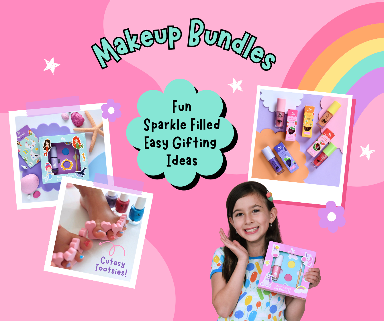 Promotional image of makeup bundles with a girl holding a product, on a pink background with rainbow and star elements.