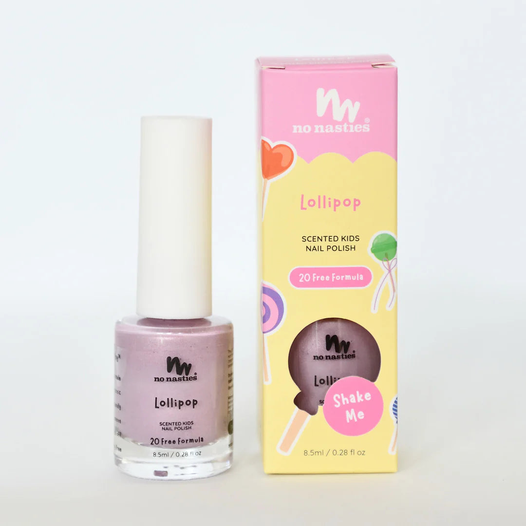 No Nasties Lollipop scented kids nail polish with packaging on a white background