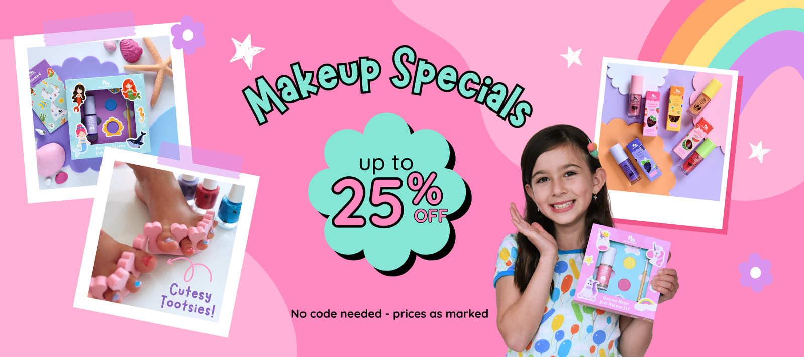 Promotional banner for makeup specials with a girl holding a product, on a pink background with rainbow and stars.