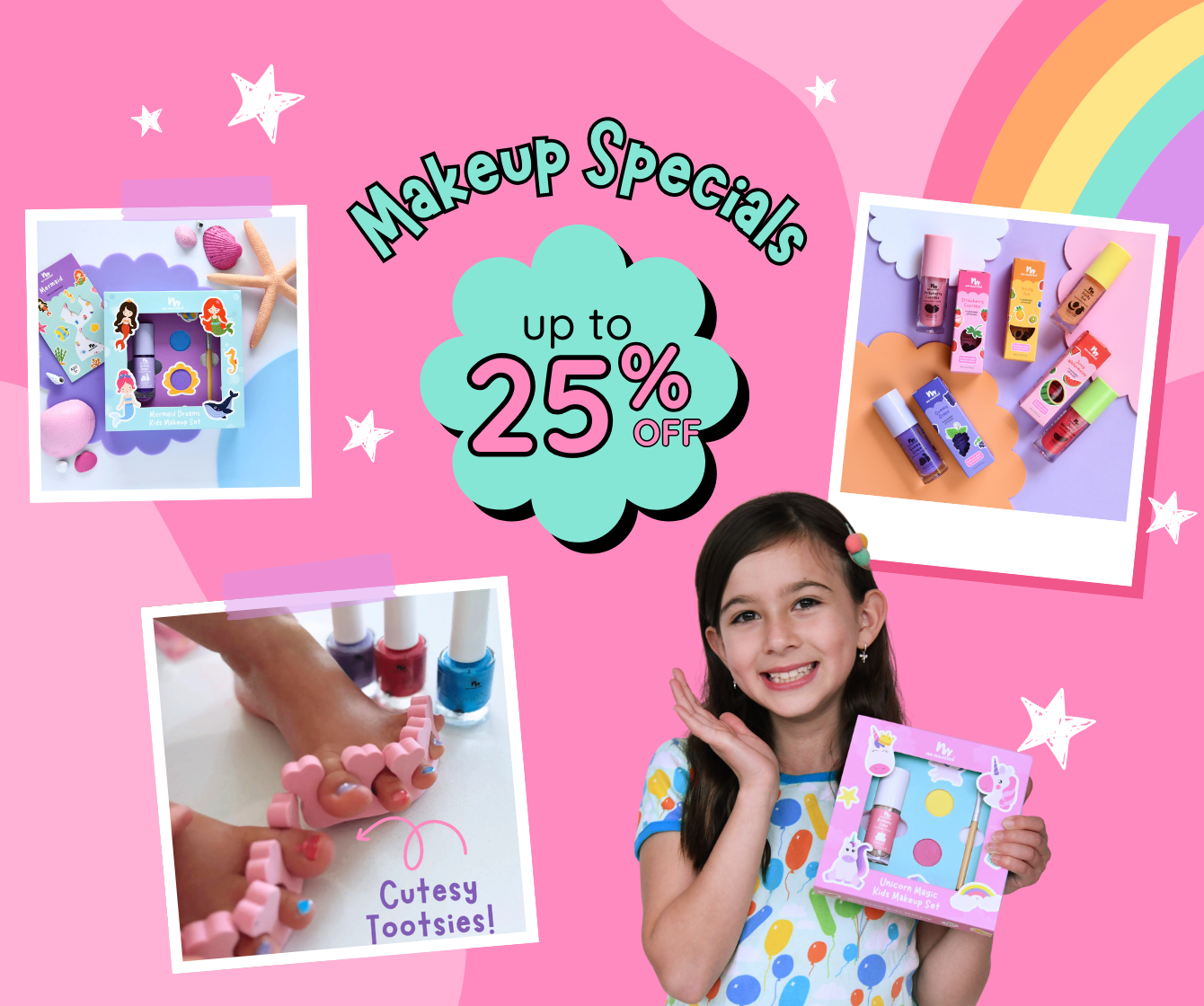 Promotional image with makeup products and a girl holding a product, on a pink background with 'Makeup Specials' text.