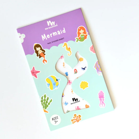 Mermaid themed nail sticker sheet packaging on a light purple background with starfish and polka dots.