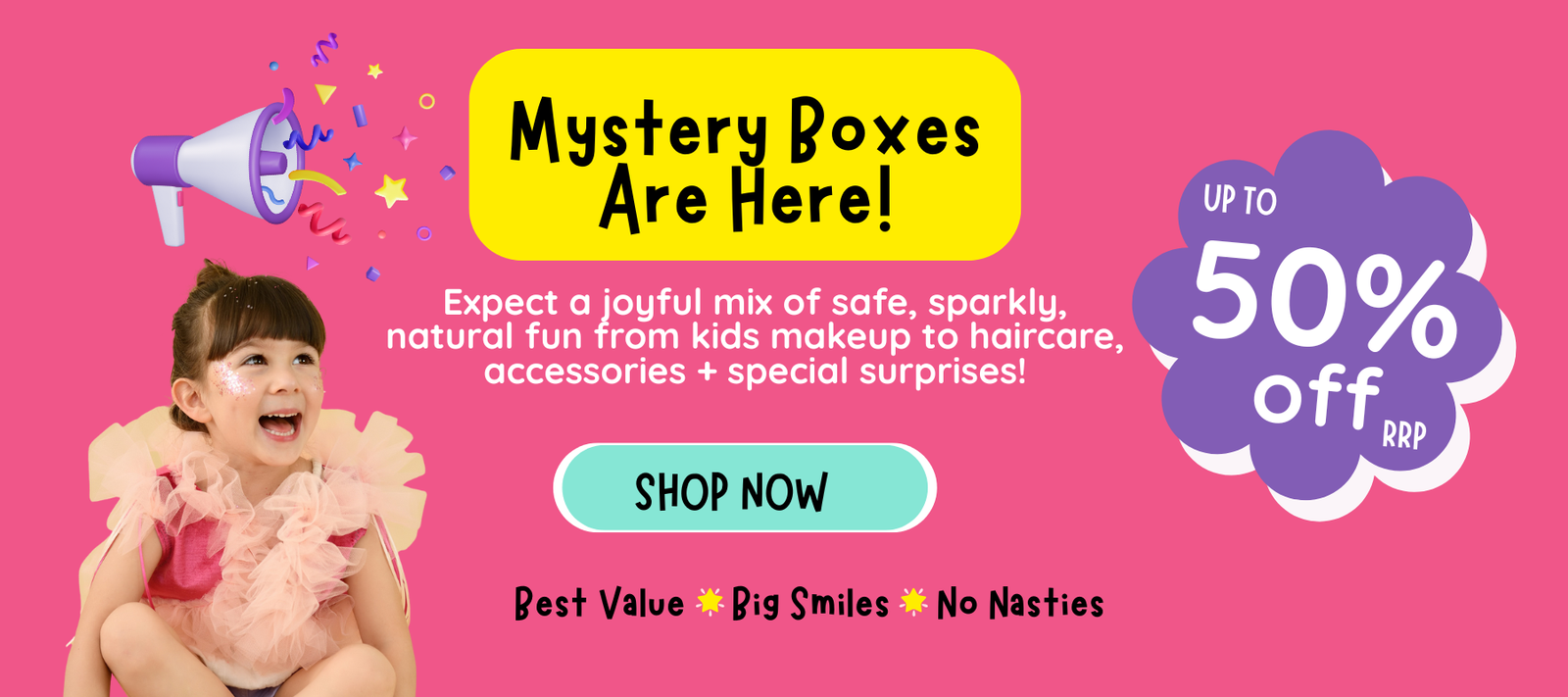 Promotional banner for No Nasties Kids NZ mystery boxes with a child and text on a pink background
