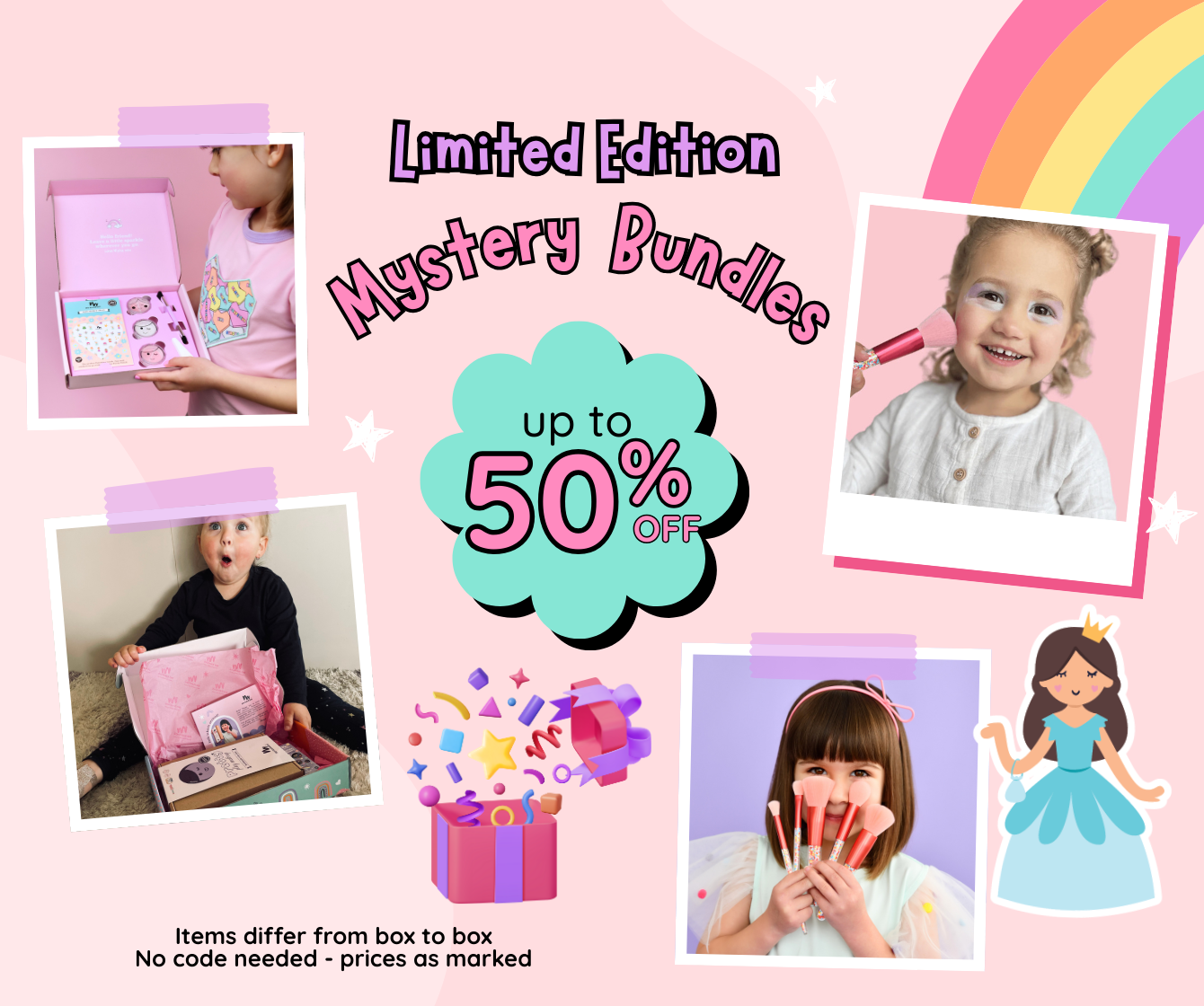 Promotional image for No Nasties limited edition mystery bundles with children and product images on a pink background.