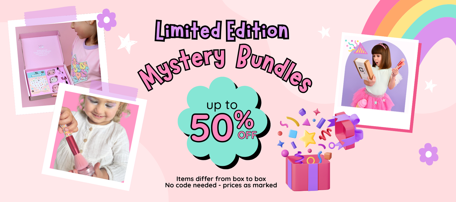 Black Friday promotional banner for limited edition mystery bundles with colourful graphics and text on a pink background.