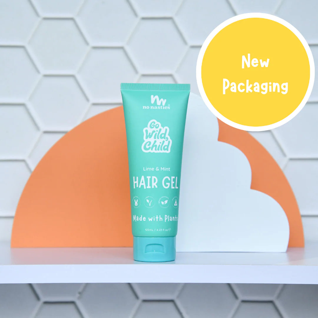 No Nasties hair gel tube with 'Go Wild Child' branding on a geometric background