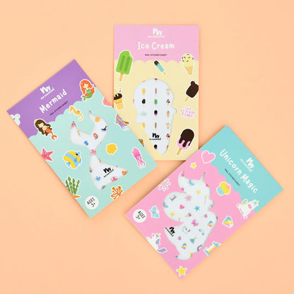 Three sticker books with mermaid, ice cream, and unicorn designs on a peach background