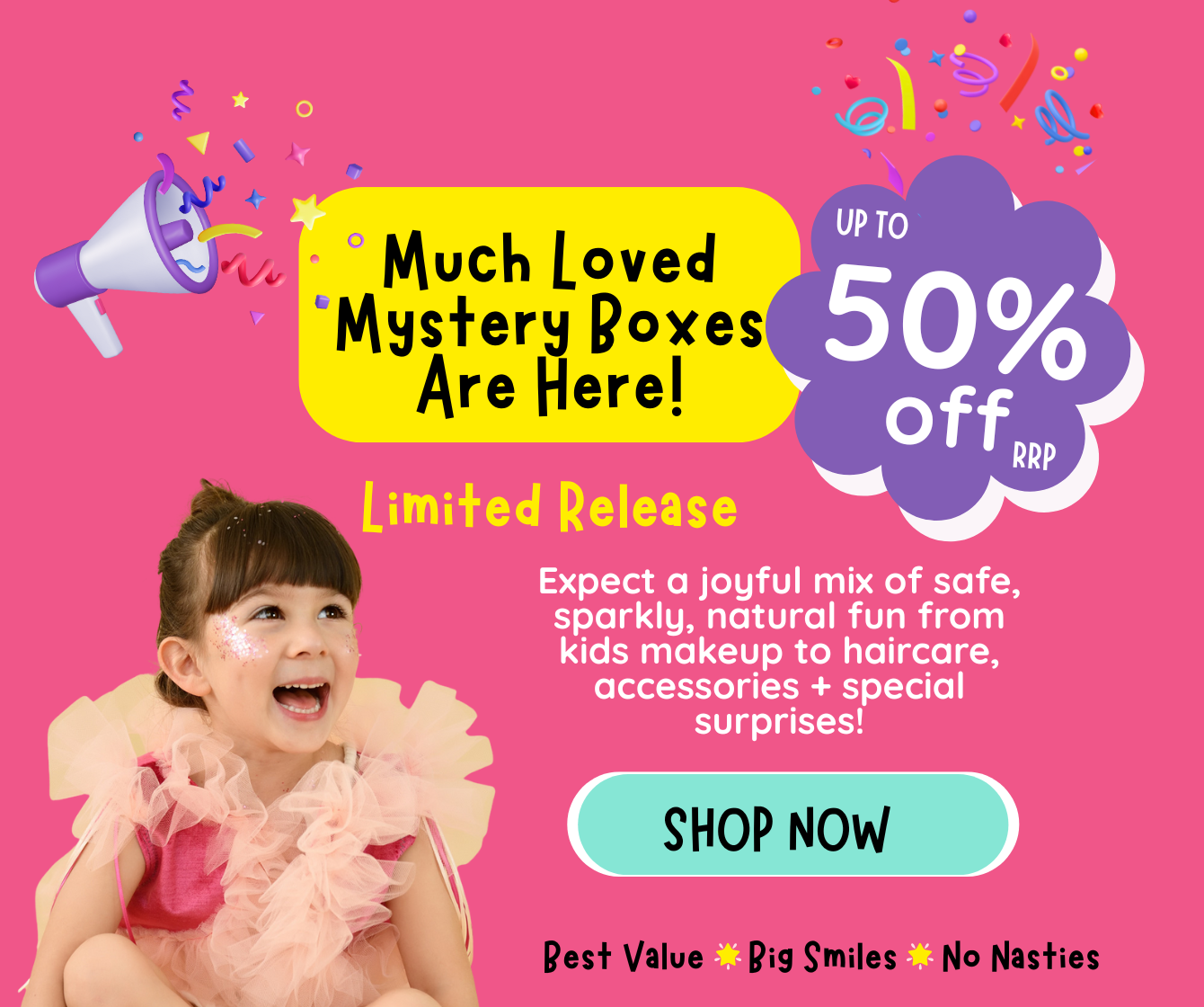 No Nasties Kids Mystery Boxes promotional information on pink back ground with little girl smiling