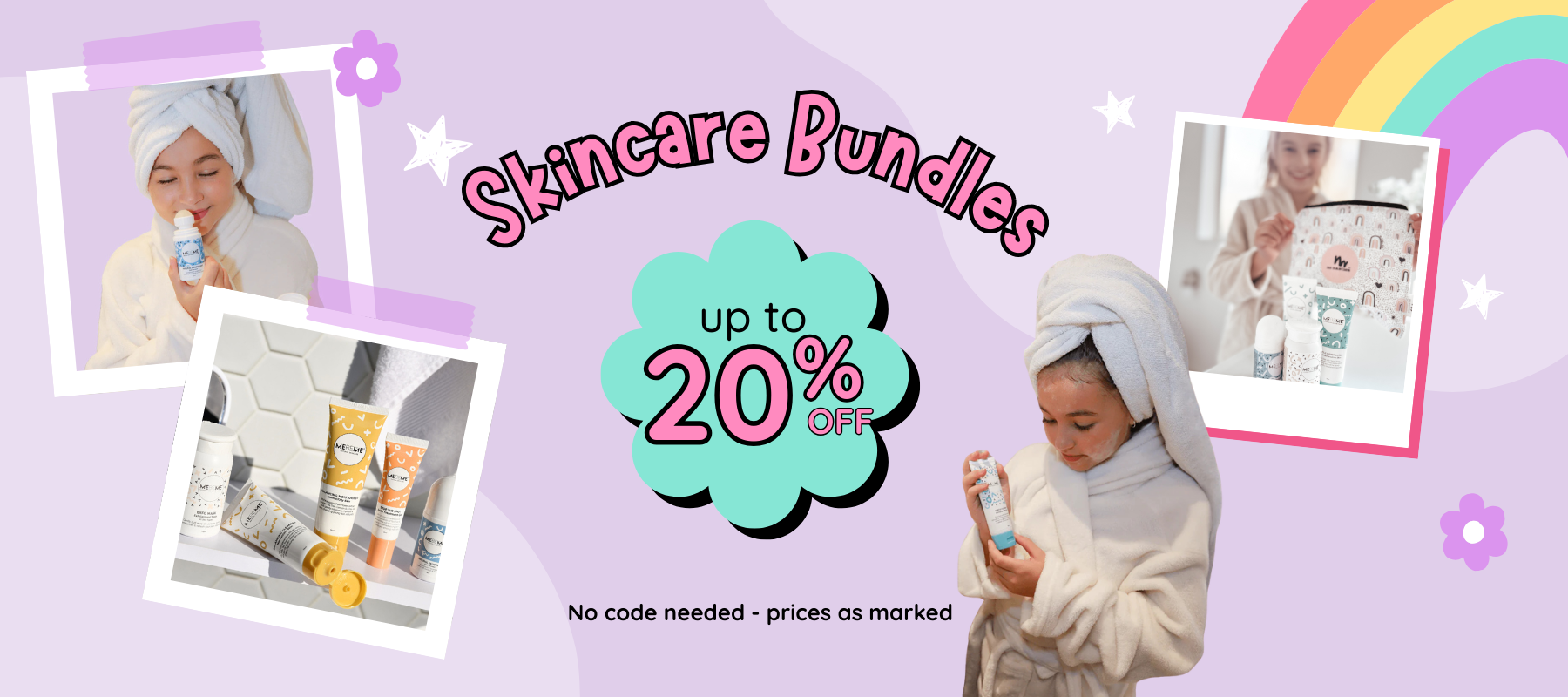 Promotional banner for skincare bundles with discounts on a purple background
