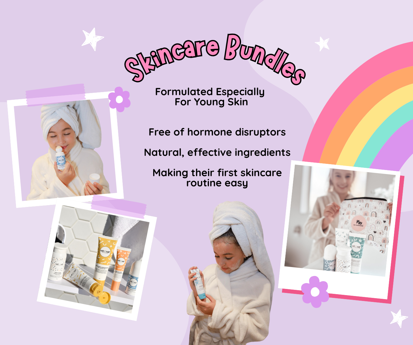 Advertisement for skincare bundles formulated for young skin on a purple background with a rainbow.