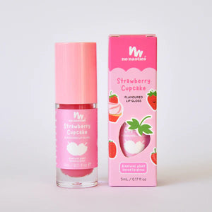 Pink strawberry flavoured lip gloss with packaging on a white background